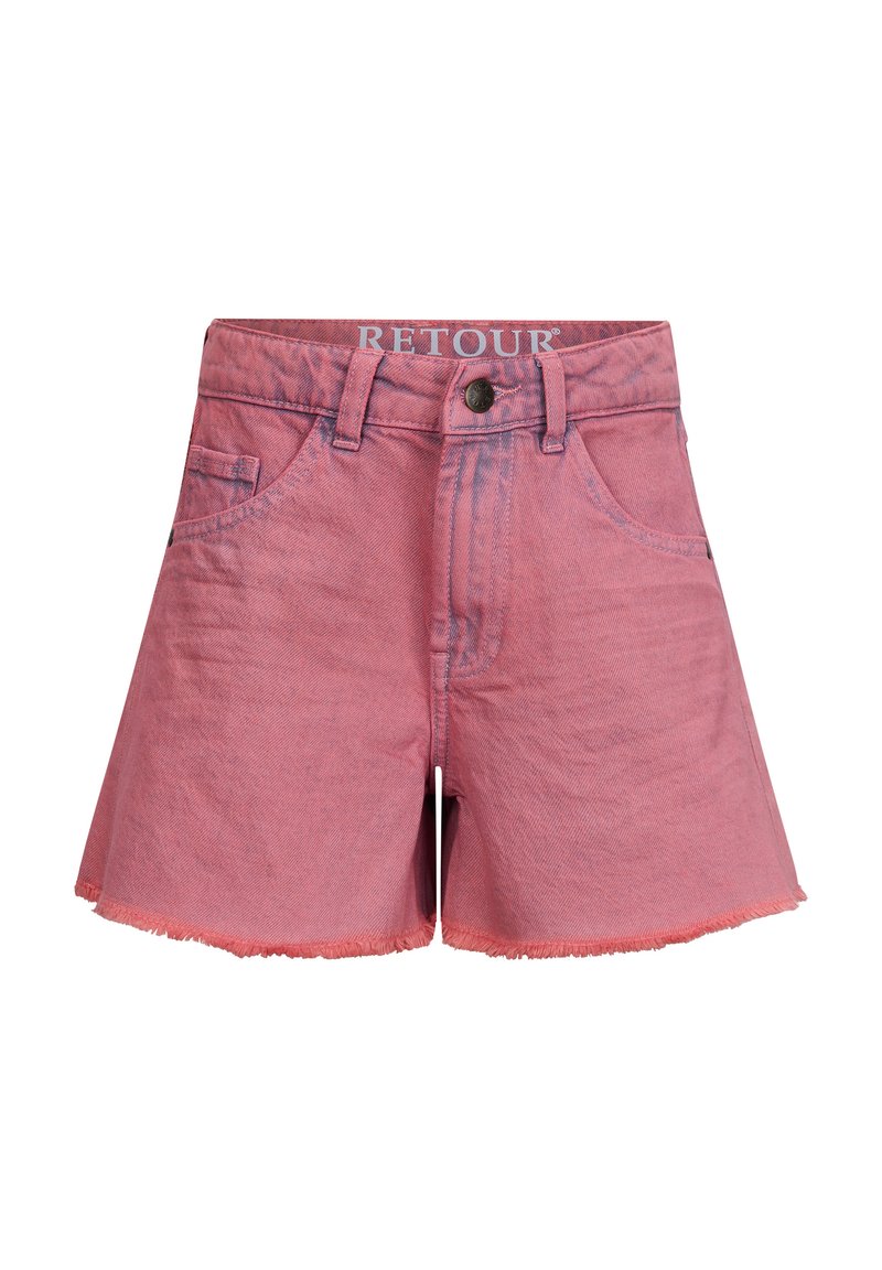 Shorts en denim rose avec un ourlet effiloché, un design à cinq poches et une fermeture à bouton. Présente un logo RETOUR sur la taille.
