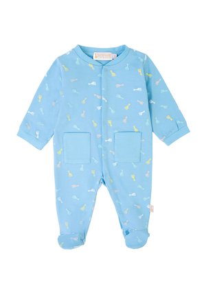 Hellblaues Baumwoll-Babykleid mit langen Ärmeln, zwei vorderen Taschen und bunten Mustern von kleinen Tierfiguren überall.