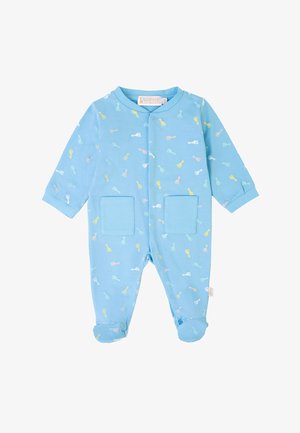 Hellblaues Baumwoll-Babykleid mit langen Ärmeln, zwei vorderen Taschen und bunten Mustern von kleinen Tierfiguren überall.
