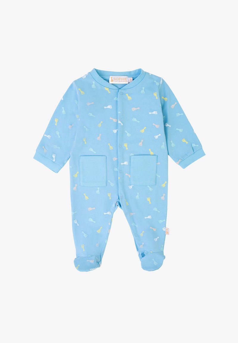 Body neonato in cotone azzurro chiaro con maniche lunghe, due tasche frontali e fantasie colorate di piccoli animali distribuite su tutta la superficie.