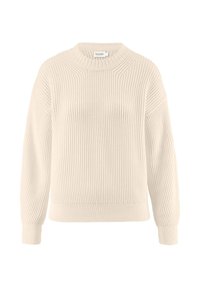 Beige gerippter Pullover mit rundem Halsausschnitt, überschnittenen Schultern und langen Ärmeln, der ein strukturiertes Strickmuster und enganliegende Bündchen aufweist.