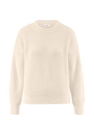 Maglione beige a coste con scollatura rotonda, spalle scese e maniche lunghe, caratterizzato da un motivo a maglia testurizzata e polsini aderenti.