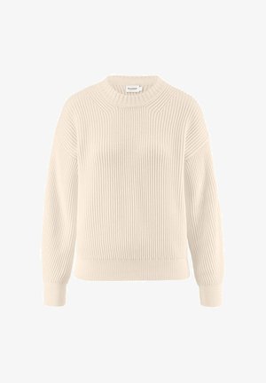 Maglione beige a coste con scollatura rotonda, spalle scese e maniche lunghe, caratterizzato da un motivo a maglia testurizzata e polsini aderenti.