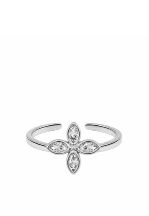 Bague ouverte en argent avec un design en forme de fleur composé de quatre pierres précieuses claires taillées en marquise au centre.