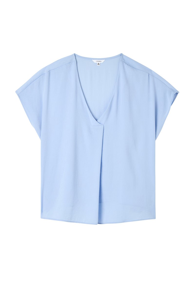 Blusa azzurro chiaro a maniche corte con scollo a V e vestibilità ampia. Realizzata in tessuto morbido, presenta drappeggi sottili e senza motivi.