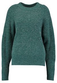 Vihreä, pehmeä neulepusero, joka on valmistettu pörröisestä materiaalista. Siinä on pyöreä kaula-aukko, pitkät hihat ja ribbaushelma. Rentoa, väljää muotoilua.