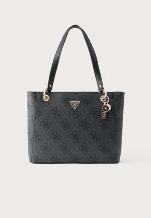 Czarna torba typu tote z fakturowanym wzorem, złotymi dodatkami, detalem logo i dwoma solidnymi uchwytami. Przestronny design do codziennego użytku.