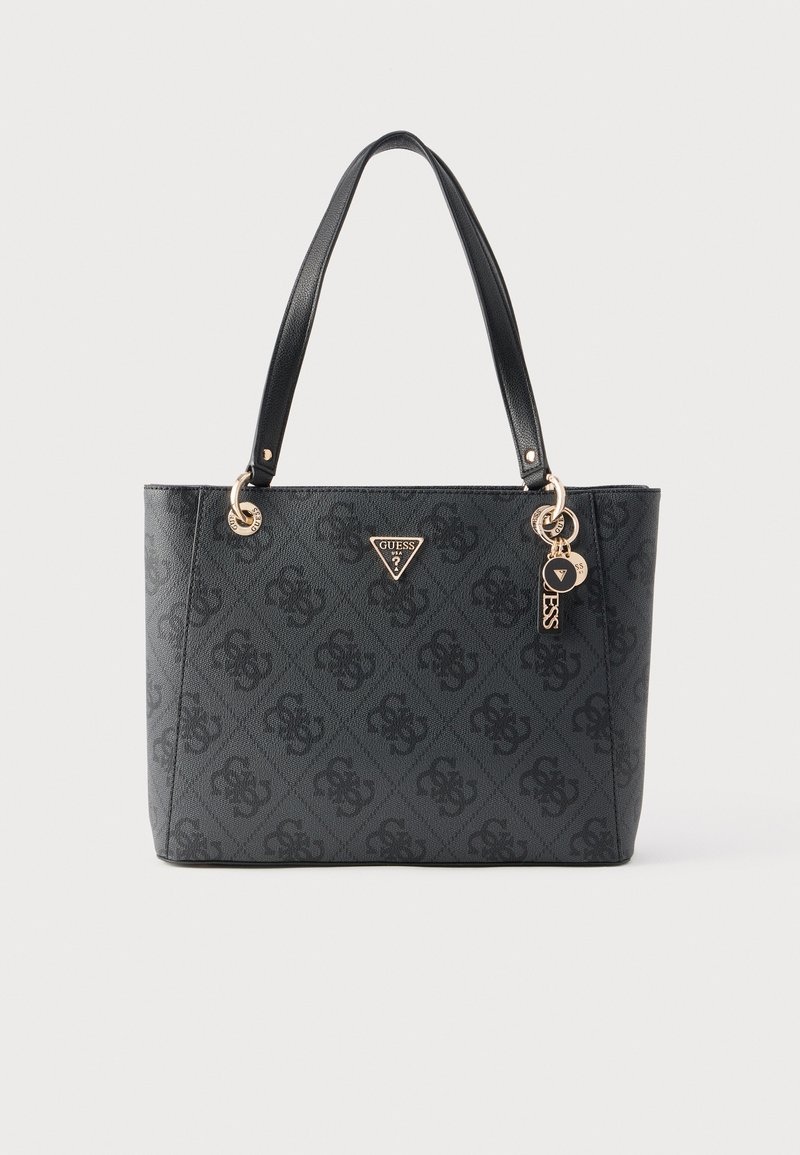 Geantă tote neagră cu un model texturat, accesorii aurii, detaliu cu logo și două mânere rezistente. Design spațios pentru utilizare zilnică.