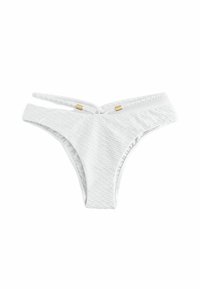 Slip bikini bianco con motivo texturizzato, con strisce laterali sottili e dettagli dorati sulla vita, caratterizzato da un design a forma di V.
