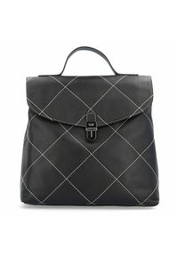 Zaino in pelle nera con motivo a rombi, cuciture bianche, manico superiore e chiusura con patta magnetica.