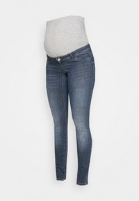 Jeans ajustados de maternidad en denim azul oscuro con una cinturilla suave y elástica. Presenta un diseño clásico de cinco bolsillos y un ajuste ceñido en todo momento.