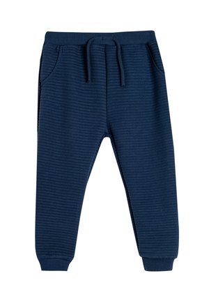 Navyblå joggerbukser lavet af struktureret stof, med elastisk talje og snoretræk samt sidelommer.