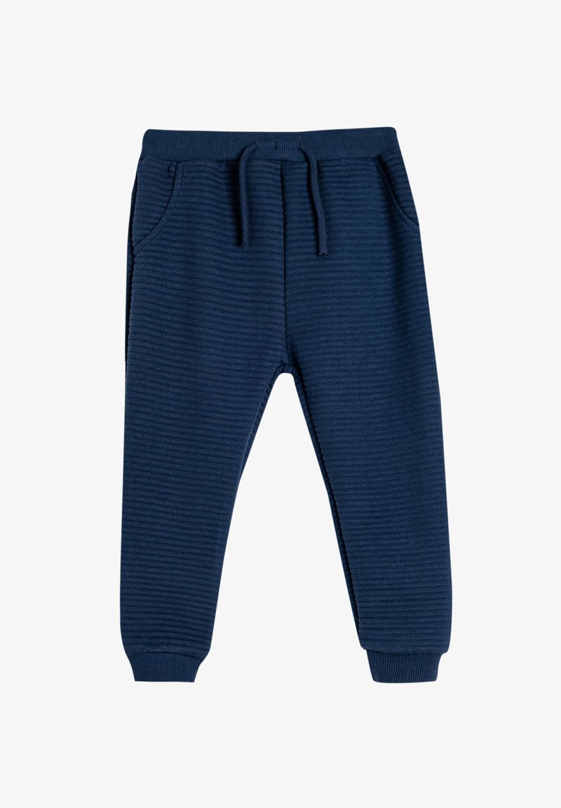 Donkerblauwe joggers gemaakt van een gemêleerde stof, met een elastische tailleband en trekkoord, en zijzakken.