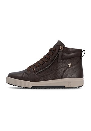 Basket montante en cuir marron foncé avec fermeture éclair latérale, lacets marron, semelle en caoutchouc beige et semelle à relief antidérapant, vue de côté.