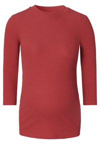 T-shirt de maternidade de manga longa em vermelho canelado com gola alta. Design ajustado, adaptado para acomodar a barriga em crescimento. Textura suave, sem padrões.