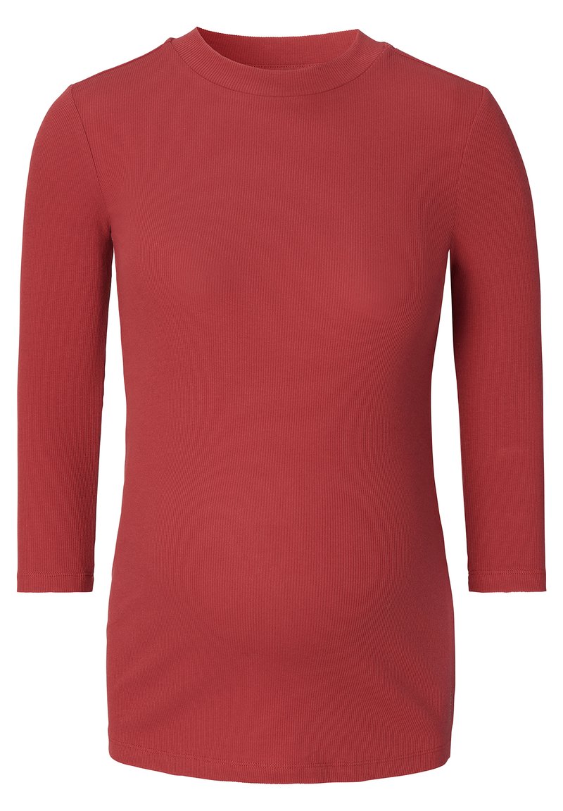 T-shirt de maternidade de manga longa em vermelho canelado com gola alta. Design ajustado, adaptado para acomodar a barriga em crescimento. Textura suave, sem padrões.