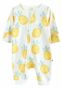 Gul ananasmönster på vit tyg, långa ärmar, hel dragkedja, mjukt bomullsmaterial, ribbade mudd, lekfull design som passar för babykläder.
