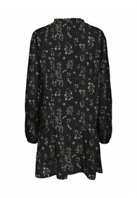 Abito nero con maniche lunghe e scollatura arricciata, caratterizzato da una stampa floreale in tonalità di rosa e verde, con un fondo svasato.