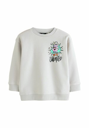 Hellgrauer Sweatshirt mit rundem Halsausschnitt, langen Ärmeln und gerippten Bündchen. Verfügt über einen bunten Grafikdruck und das Wort "UNLIMITED".