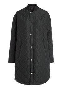 Cappotto quiltato nero con scollatura rotonda, chiusura frontale a scatto e tasche laterali con zip. Presenta una vestibilità morbida e una texture di tessuto liscia.