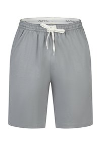 Szare spodenki wykonane z lekkiego materiału z elastycznym pasem i białym sznurkiem. Posiadają boczne kieszenie i gładką fakturę.