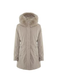 Parka beige con cappuccio in pelliccia sintetica, cuciture verticali, tasche laterali e design di lunghezza intermedia per copertura e calore.