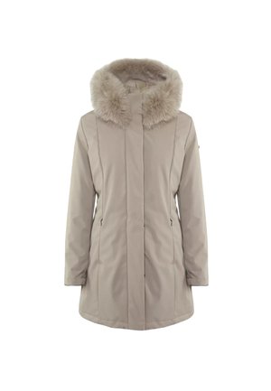 Parka beige con cappuccio in pelliccia sintetica, cuciture verticali, tasche laterali e design di lunghezza intermedia per copertura e calore.
