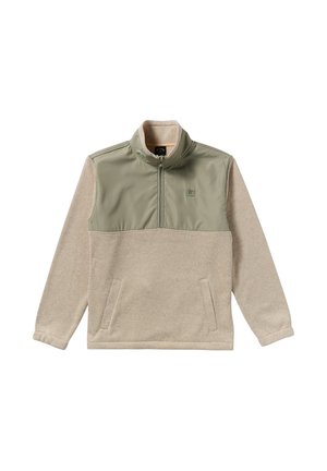 Beżowy i oliwkowy polarowy pulower, z designem na pół zamek, wysokim kołnierzem i dwoma bocznymi kieszeniami. Gładka tekstura na górnej części.