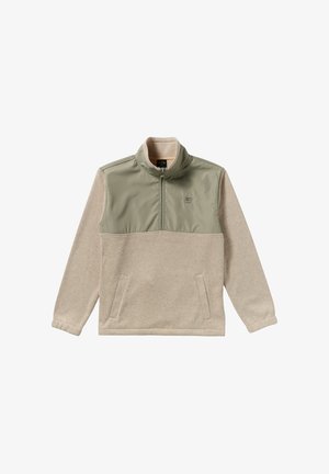 Fleece pullover in beige en olijfgroen, met een half-zip ontwerp, hoge kraag en twee zijzakken. Glad oppervlak op het bovenste paneel.