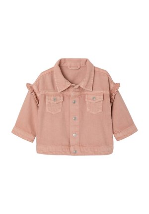 Pink toddler denim jacket with front snap buttons, two chest pockets, ruffled trim on shoulder seams, and long sleeves.