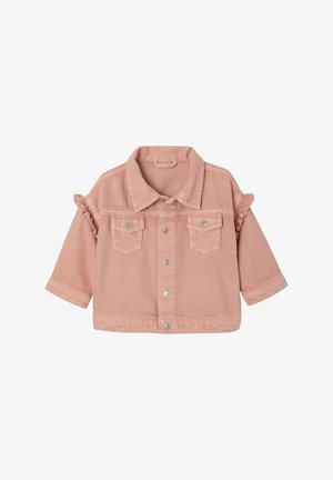 Rosa Jeansjacke für Kleinkinder mit vorderen Druckknöpfen, zwei Brusttaschen, Rüschensaum an den Schulternähten und langen Ärmeln.