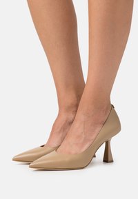 Escarpins en cuir beige avec un bout pointu et un petit talon carré. Texture lisse et design minimal avec une silhouette élégante.