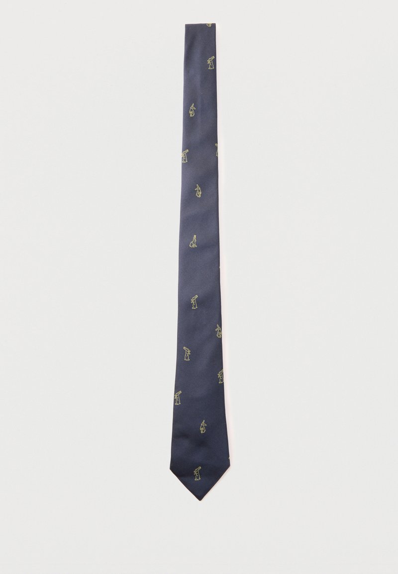 Corbata azul marino con pequeños iconos amarillos de telescopios distribuidos de manera uniforme por toda la tela.