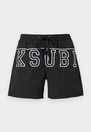 Mustad ujumispüksid elastse vöökohaga ja nööriga, mille eesosas on suured valgete kontuuridega tähed "KSUBI".