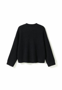 Pull noir en maille à manches longues avec col rond, poignets et ourlet côtelés, présenté à plat sur fond blanc.