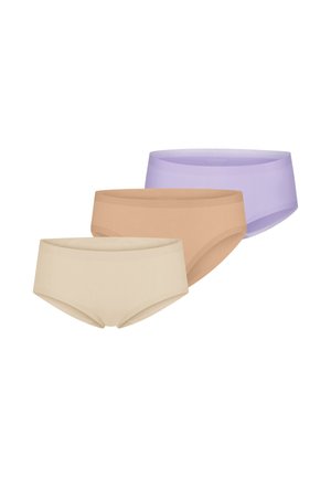 Tre slip hipster senza cuciture da donna nei colori beige, marrone chiaro e lavanda disposti in fila sfalsata su sfondo bianco.
