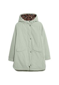 Parka verde chiaro con cappuccio, con fodera a stampa leopardo marrone, bottoni a scatto e due tasche frontali. Tessuto liscio e testurizzato.