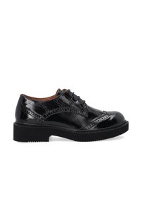 Schwarze Lackleder-Schnürschuhe mit runder Zehenform, texturiertem Design im Obermaterial und dicker schwarzer Gummisohle.