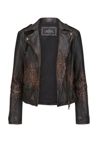 Schwarze Leder-Bikerjacke mit braunem Leopardenmuster an Ärmeln und Seiten, asymmetrischem Frontreißverschluss und Reißverschlüssen an den Ärmelbündchen.