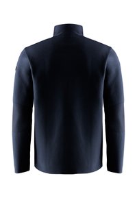 Pull marin avec col montant, corps texturé et manches lisses. Présente un ourlet arrondi et un petit logo sur l'épaule.