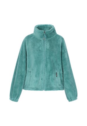 Chaqueta de forro polar color verde azulado con cuello alto, cremallera completa y mangas raglán. Presenta una textura suave y un pequeño bolsillo lateral con detalle de logo.