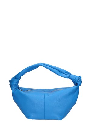 Sac à main en cuir bleu avec une poignée en haut nouée, texture lisse, forme ovale et fermeture éclair. Présente un design minimaliste.