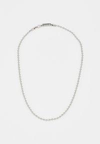Colar de contas prateadas com um design de bolas uniforme, apresentando um fecho de clasp e elos alongados para comprimento ajustável.