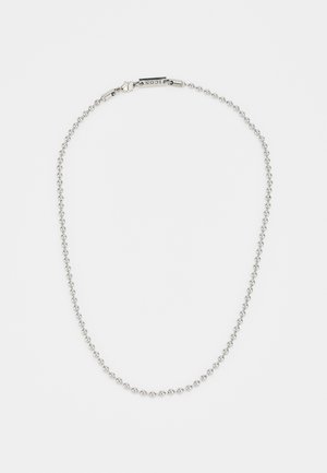 Colar de contas prateadas com um design de bolas uniforme, apresentando um fecho de clasp e elos alongados para comprimento ajustável.