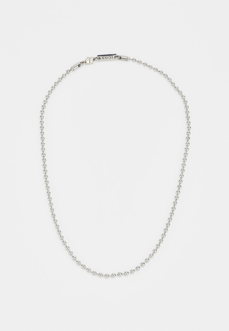 Colar de contas prateadas com um design de bolas uniforme, apresentando um fecho de clasp e elos alongados para comprimento ajustável.