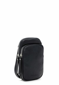 Black leather crossbody bag with dual zip compartments, rounded shape, textured surface, and silver hardware accents.