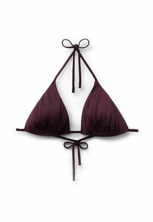 Top de bikini triangular de color púrpura oscuro con cuello halter y cierre de lazo en el frente y la espalda, presentado sobre un fondo blanco.