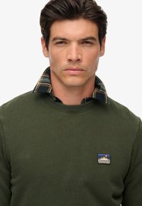 Man met donker haar, draagt een groene sweatshirt over een blauw-geel geruite shirt, tegen een witte achtergrond.