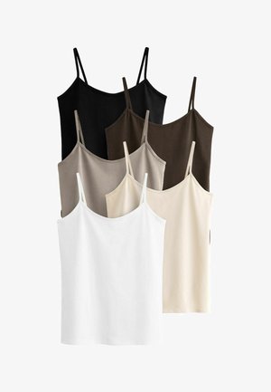 Set of six camisoles in black, dark brown, light brown, beige, and white. Each has thin straps and a soft, smooth texture.
