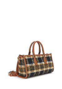 Tote-väska med vävd rutmönstrad tyg i svart, vitt och gul-orange, med bruna läderdetaljer och dubbla handtag. Inkluderar en avtagbar rem.